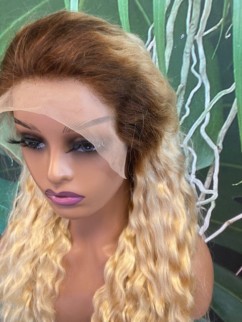 BLONDE W/ #4 ROOTS DEEP WAVE FRONTAL LACE WIG